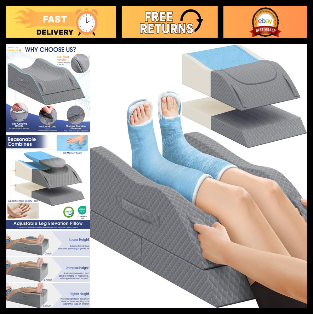 Elevate Leg Pillow with Memory Foam, Adjustable Height for Circulation & Recover