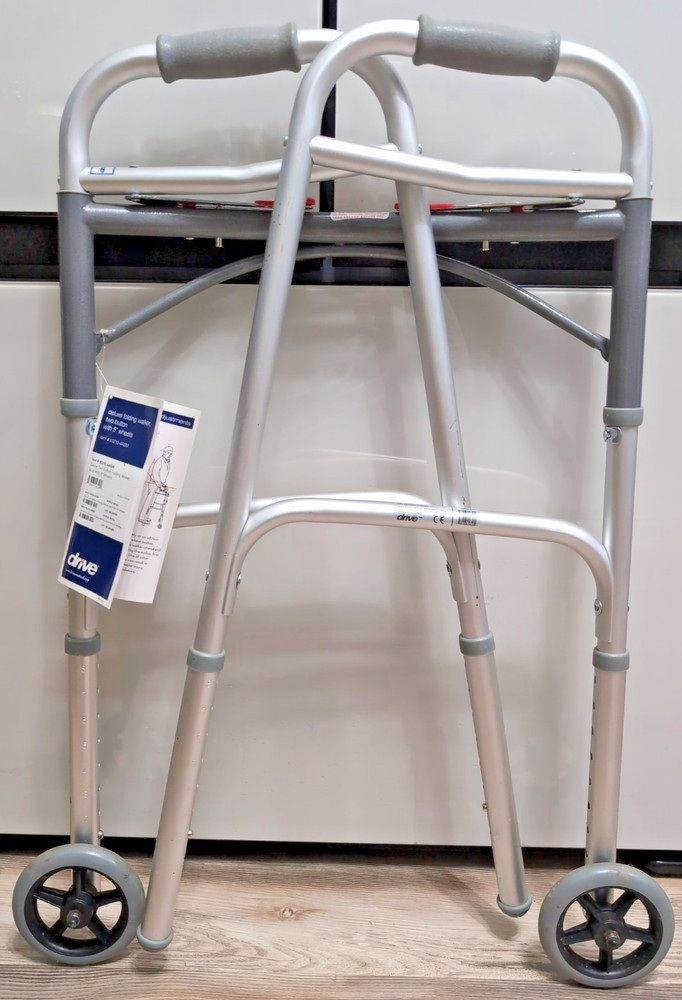 Drive Deluxe Two Button Folding Walker Adult 2 Wheels 5in Aluminum Gray