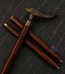 Solid Brass Fish Head Vintage Antique Wooden Walking Stick Cane handmade Gift