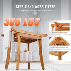 300lb Teak Shower Bench 22×14.4×18.5in, Waterproof Wood, Shelf, Non-Slip Feet