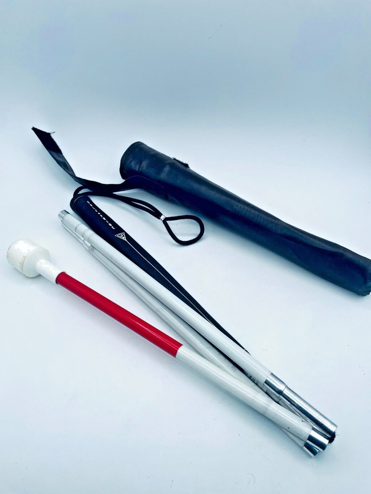 Ambutech Blind Cane White & Red Aluminum 4-Section Folding w/ Rolling Tip & Case