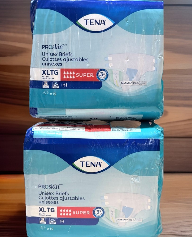 2 Pack Tena ProSkin Unisex Briefs Adult Diapers, Super Absorbency, XL, 2 X 12 CT