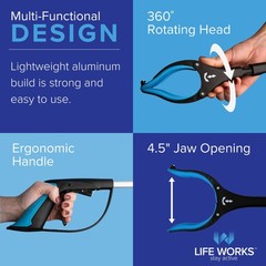 LIFE WORKS Reacher Grabber Tool, 360° Rotating Head, Lightweight 36″…