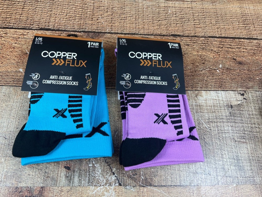 Copper Flux Unisex Compression Socks Blue/Black Pink/Black Size L/XL NWT Lot 2