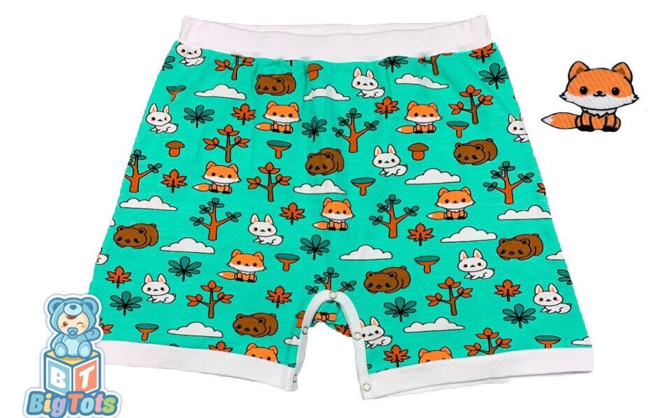 Adult snap crotch shorts Baby Forest Animals print