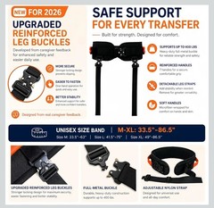 Gait Belt, Upgraded with Metal Buckle & Detachable Leg Straps, 7 Handles-Med