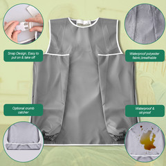 Unisex Adult Bibs with Sleeves, Reusable Clothing Protector with Crumb Catcher