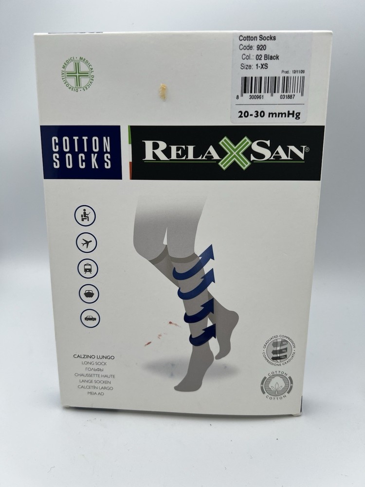 RelaxSan Cotton Compression Socks 20-30 mmhg Size 1XS Black Made In Italy