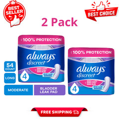 (2 Pack) Always Discreet Incontinence Pads, Moderate Absorbency, Long, 54 Count