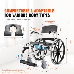 VEVOR Shower Wheelchair 17.5in Al Alloy Commode Bathroom Wheelchair for Disabled