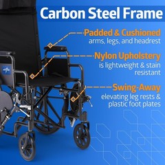 Medline Reclining Wheelchair, 18″, with Elevating Leg Rests, 300 Lbs. Limit.