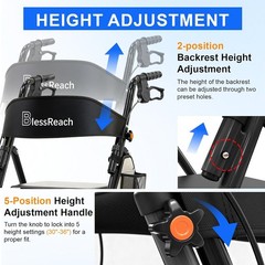Lightweight Foldable Rollator Walkers with Seat for Seniors, 300 Lb Capacity, 5-