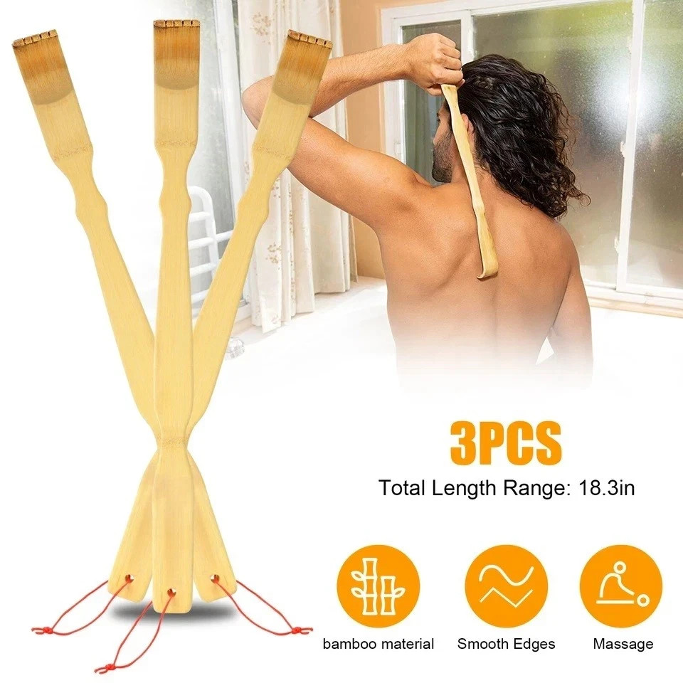 3pcs Bamboo Back Scratcher – Long Handle Wooden Itch Reliever for Adults & Elder