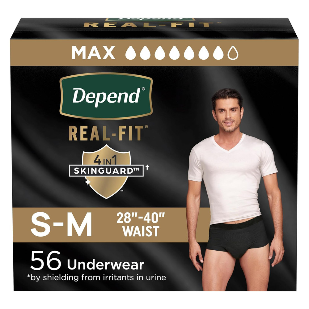 Depend Real Fit Adult Diapers for Men, Max Absorb, Small/Medium, Black, 56 Count