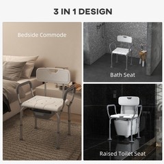 3-in-1 Shower Chair with Back and Arms, Height Adjustable Bedside Commode