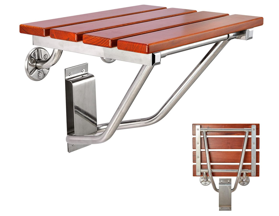 24 inch Folding Shower Seat Wall Mount Bench Teak Wood & Stainless Steel -BLEM