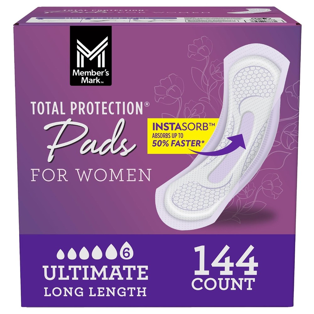 Member’s Mark Total Protection Pads for Women, Ultimate Long, 6 Drop, 144 Count