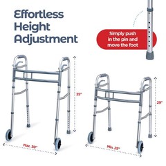 Lightweight Aluminum Walker for Seniors, Adjustable Folding Walker with 2 Wheels