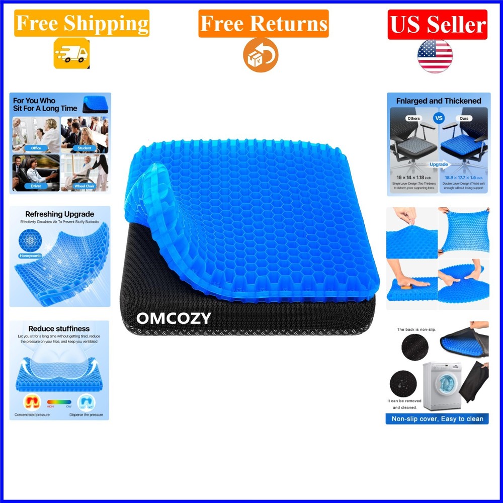 Large Gel Seat Cushion for Office, Home & Car – Blue, 18.9×17.7×1.6in