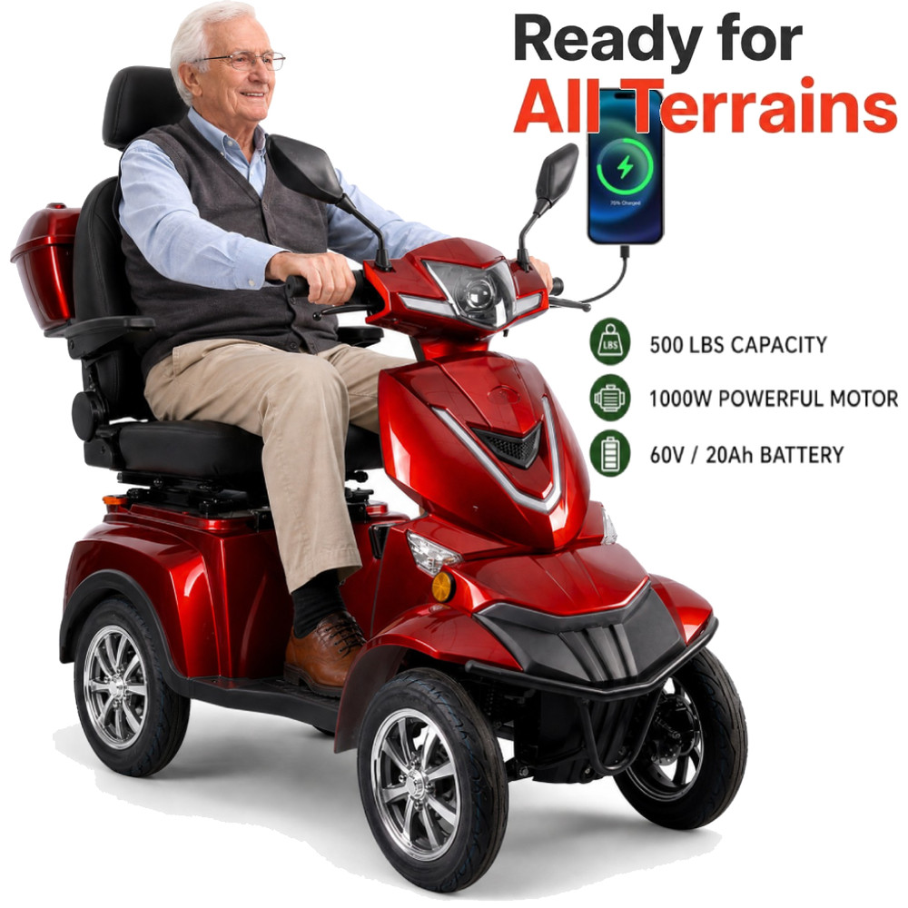 Veloinno Heavy-Duty 4-Wheel Mobility Scooter 37 Miles Range 3-Speed, 500lbs Load