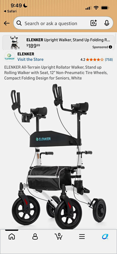 ELENKER Upright Rollator Walker 4-Wheel w/ Seat, Forearm Supports, Black