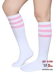 Triple Stripes Soft Cotton Knee High Tube Socks for Men One Size Pink/White
