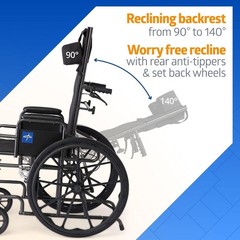 Medline Reclining Wheelchair, Desk-Length Arms and Elevating Leg Rests, 20″ x 18