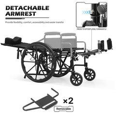 [FDA APPROVED]Folding Reclining Medical Transport Wheelchair w/Removable Armrest