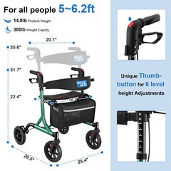 Rollator Walker w/Seat Folding Walker w/8inch Wheels Supports up to 300lbs Green