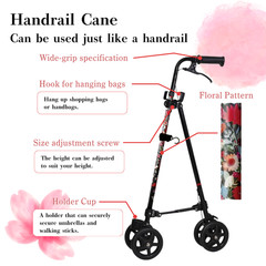 Wheel with brake Cane II Working cane used like a handrail Seniors Adults Floral