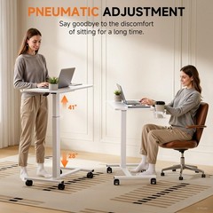 Adjustable Overbed Bedside Table with Lockable Wheels, Pneumatic Mobile Stand…