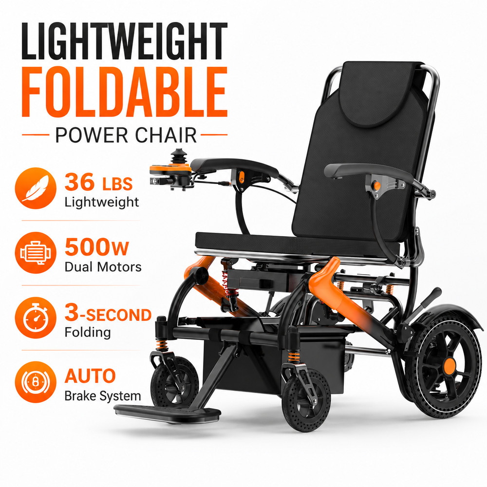 36lbs Lightweight Foldable Electric Wheelchair Adults Seniors 500W 15Mile Orange