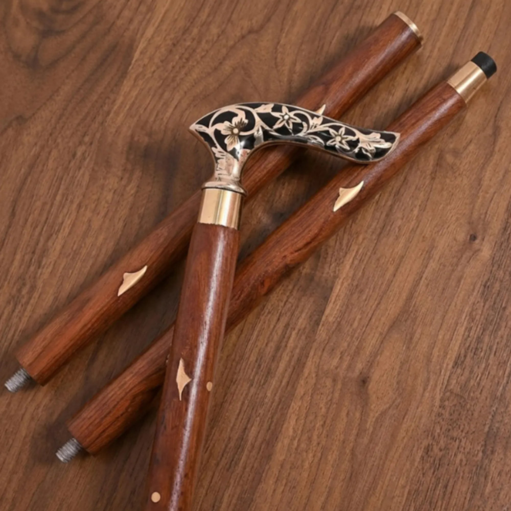 Luxury Floral Engraved Wooden Walking Cane Derby Handle Detachable Brass Stick