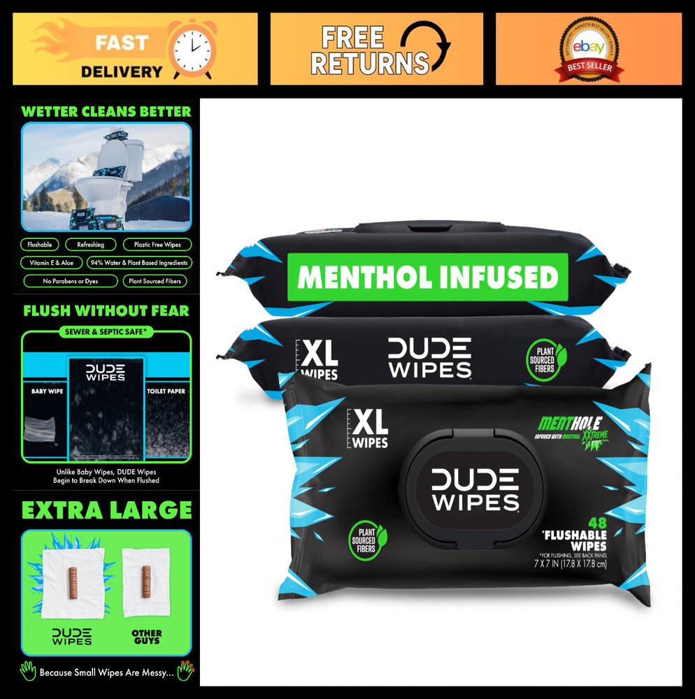Extra-Large Menthol Flushable Wipes – 3 Pack (144 Count) – Cooling Adult Wet Wip