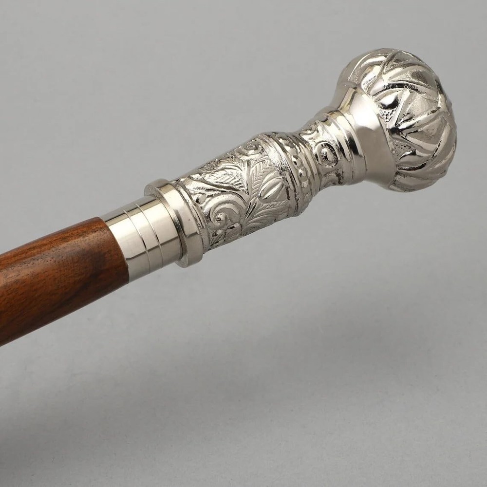 Silver Brass Knob Walking Stick Foldable Wood Cane Brown 37″ Gift for Men/Women