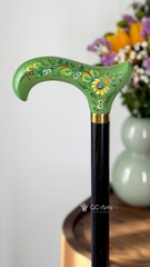 Green Floral Derby Cane, Hand-Painted Floral Walking Cane, Ladies Walking Stick