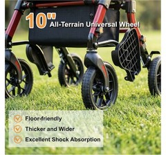 SUCCU 2-in-1 Rollator Walker Transport Chair, Foldable Seat, 400 lb, Red/Black