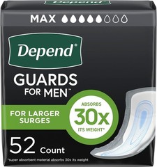 Depend Guards Incontinence Pads for Men, Maximum Absorbency, 52 Count, Packaging