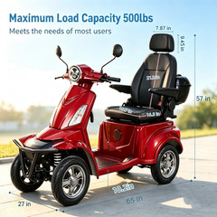 Heavy Duty 1000W 4-Wheel Electric Mobility Scooter 60V 3-Speed 500lbs Load Red