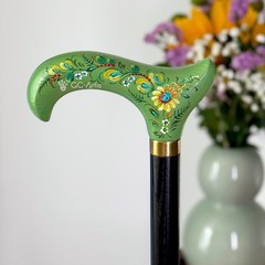 Green Floral Derby Cane, Hand-Painted Floral Walking Cane, Ladies Walking Stick