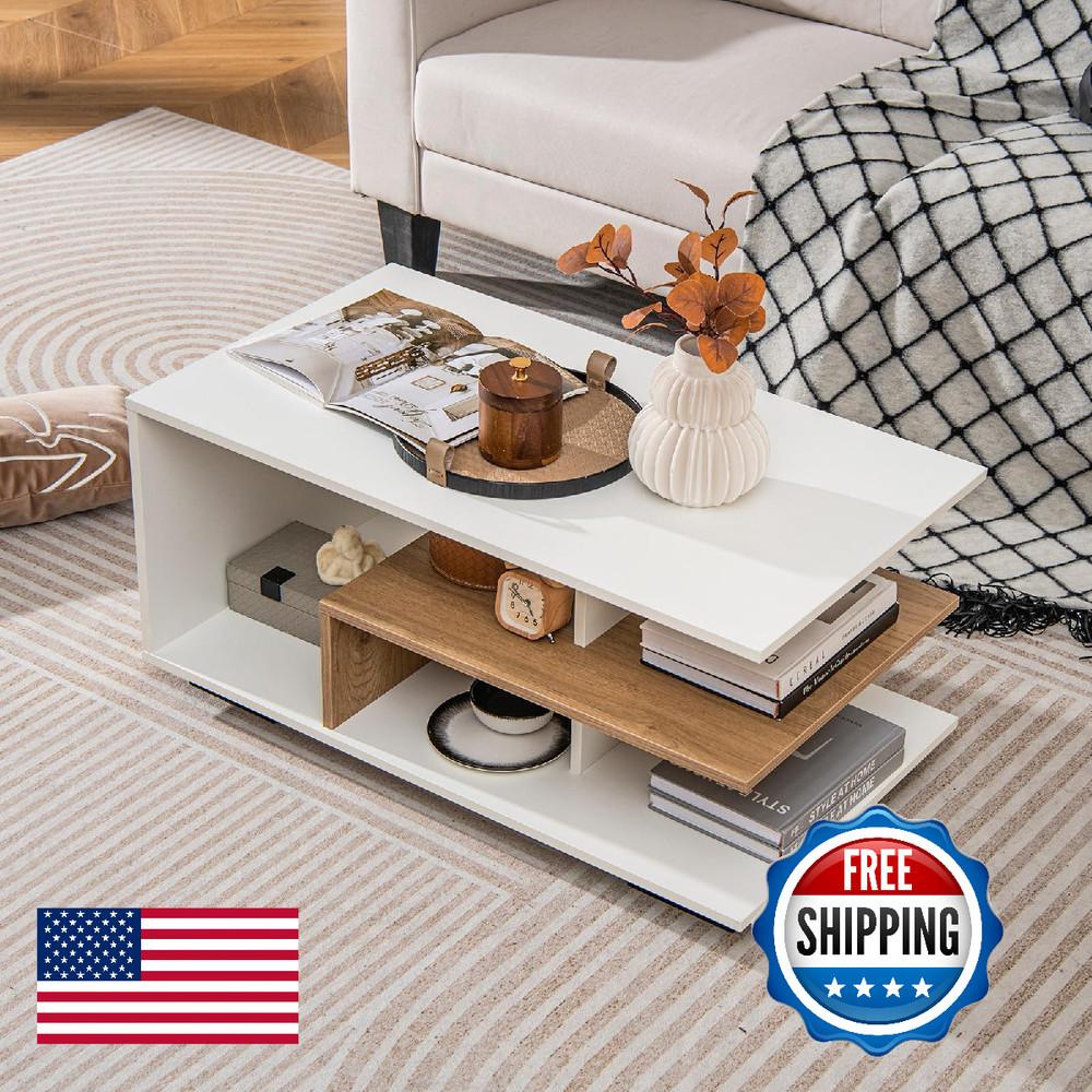 Giantex Modern Rectangular Accent Table L-Shaped Middle Shelf 3-Tier Cocktail