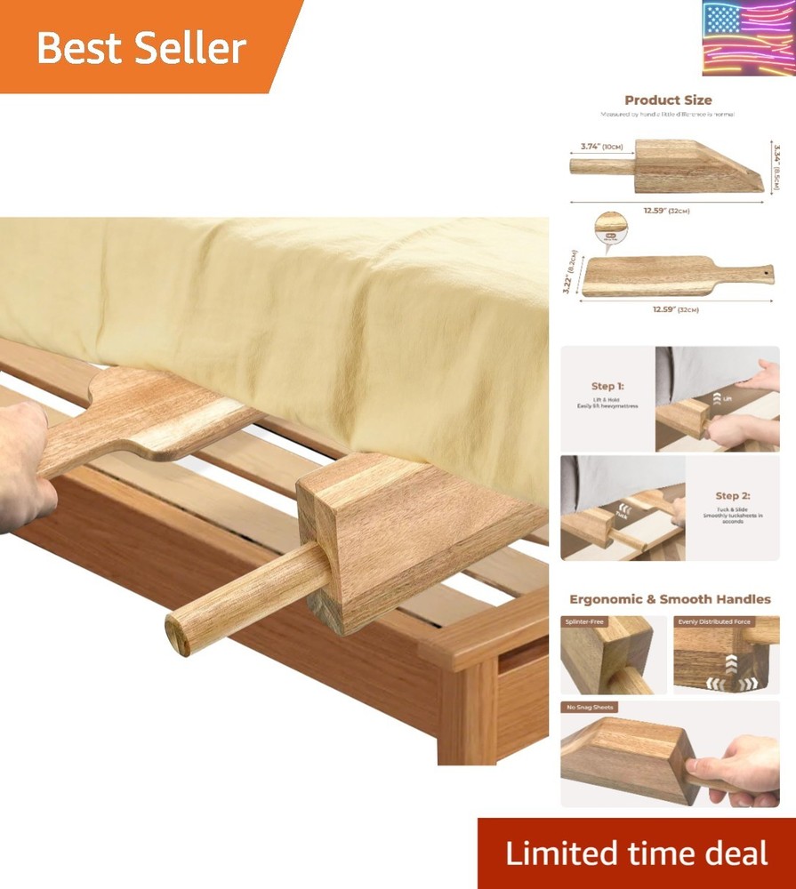 Mattress Lifter & Bed Maker Tool Set, Acacia Wood 2-Piece Lifting Tool .