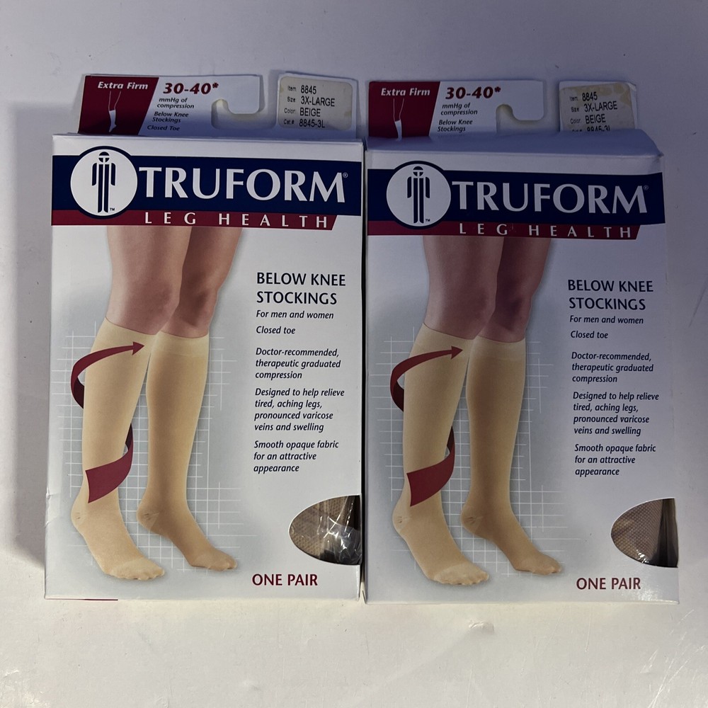 2 Pairs Truform 30-40 Below Knee Compression Stockings Closed Beige 3X 8845-3L