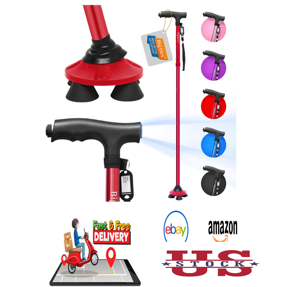 Folding Walking Cane with LED Light, Pivot Quad Base, Adjustable Alloy Stick