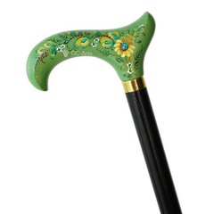 Green Floral Derby Cane, Hand-Painted Floral Walking Cane, Ladies Walking Stick