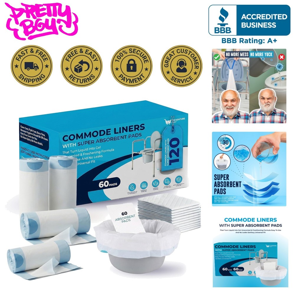Universal Fit Commode Liners with Built-In Absorbent Pads – 60 Disposable Bags
