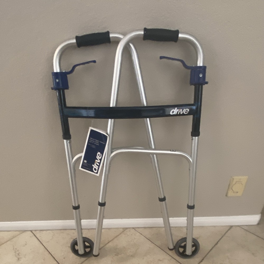 Drive 2-Wheel Aluminum Walking Frame, Adjustable Height, 300 lb, Silver/Blue