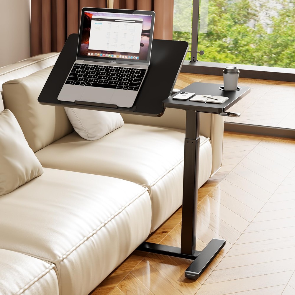 Overbed Table with Wheels, Pneumatic Lift, Foldable Top (Black)