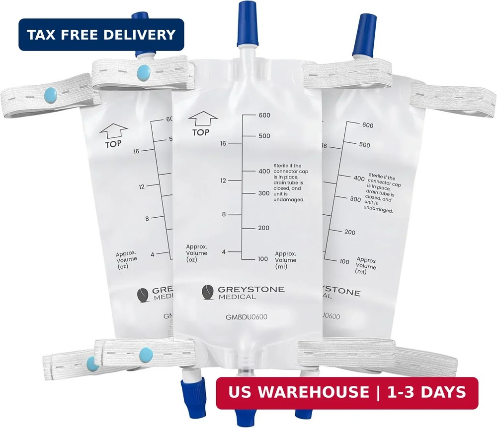 Greystone Urinary Leg Bag 600ml – 3 Count – Urine Collection Bag for Catheter wi