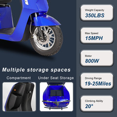 3-Wheel Travel Electric Mobility Scooter 800W 60V20Ah 3-Speed for Seniors 350LBS